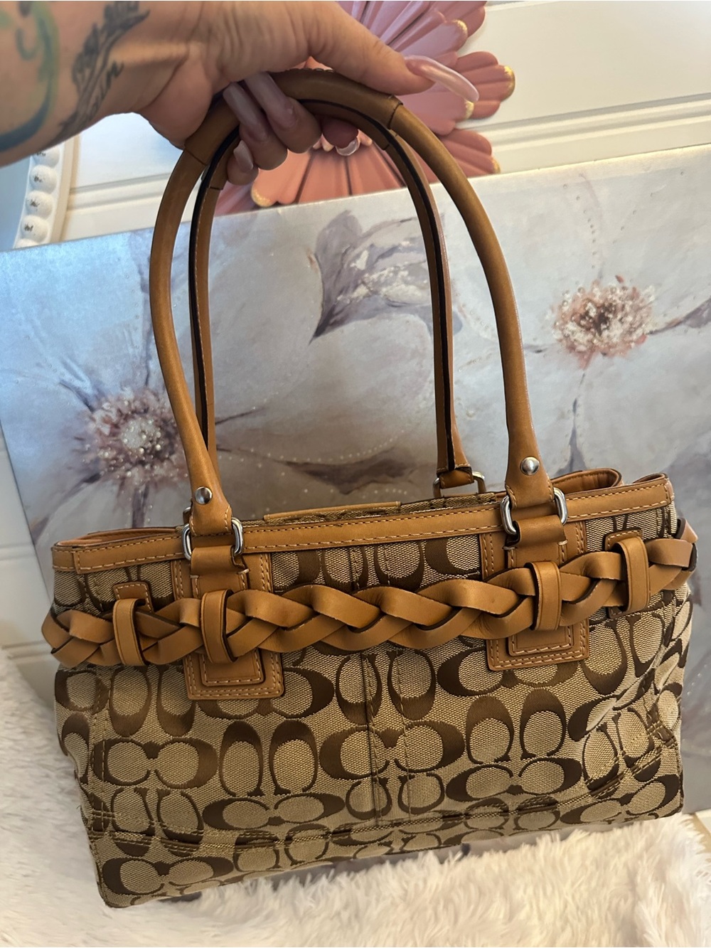 Coach Braided Signature Canvas Shoulder Bag in Tan and Brown